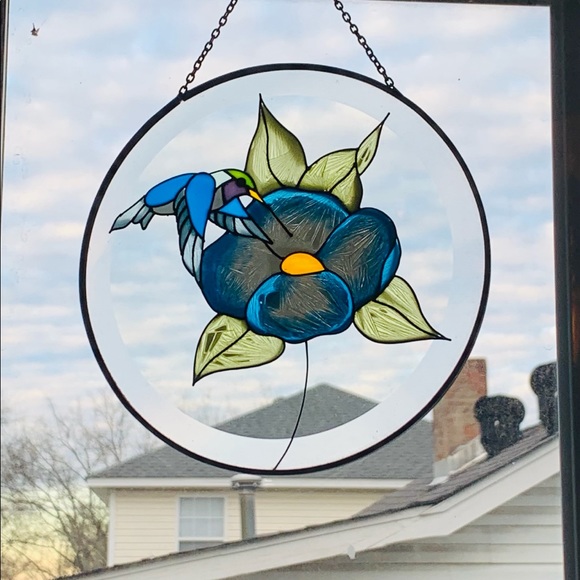 Blue Flower Hummingbird Stained Glass Sun Catcher - Picture 4 of 9
